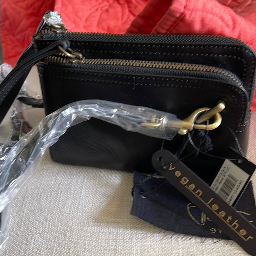 Black Textured Crossbody Bag with Metallic Accents